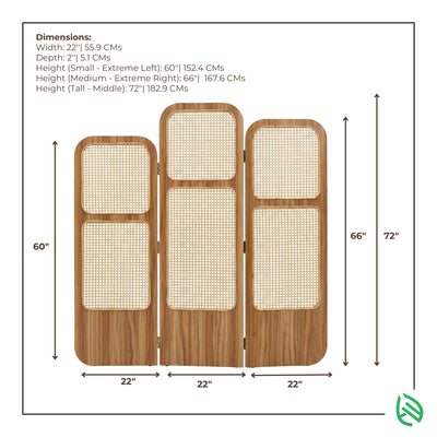 Wooden screen with rattan panels and dimensions on a white background
