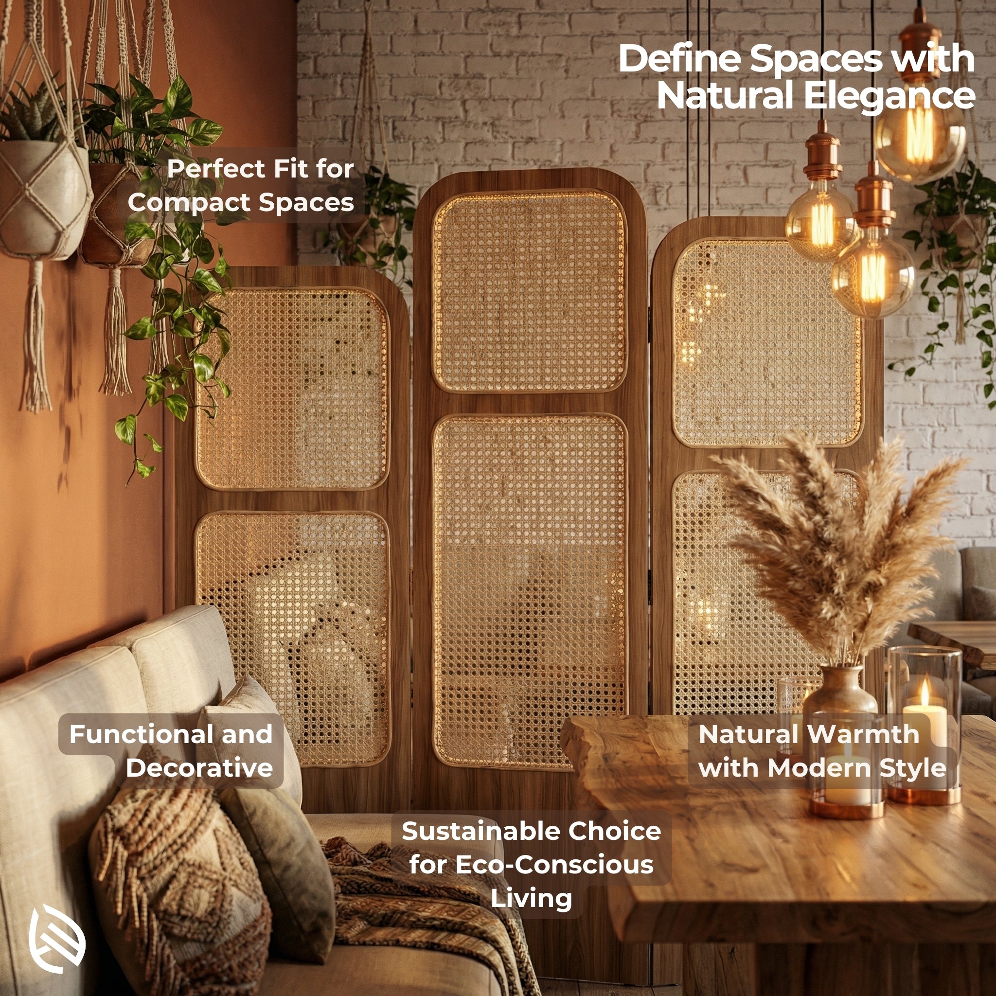 Woven room divider in a stylish interior setting with text highlighting its features.