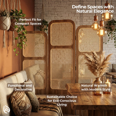 Woven room divider in a stylish interior setting with text highlighting its features.