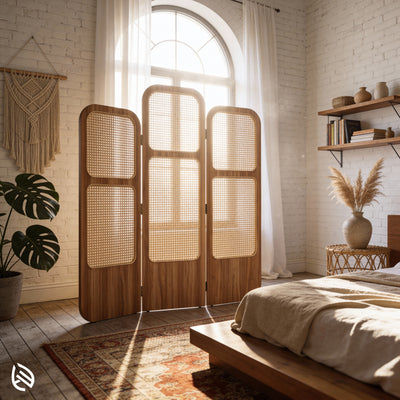 Wooden screen in a bedroom with natural light and decor