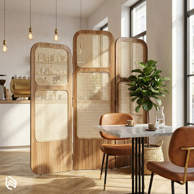 Room Partition Rattan Privacy Screen with Folding Panels