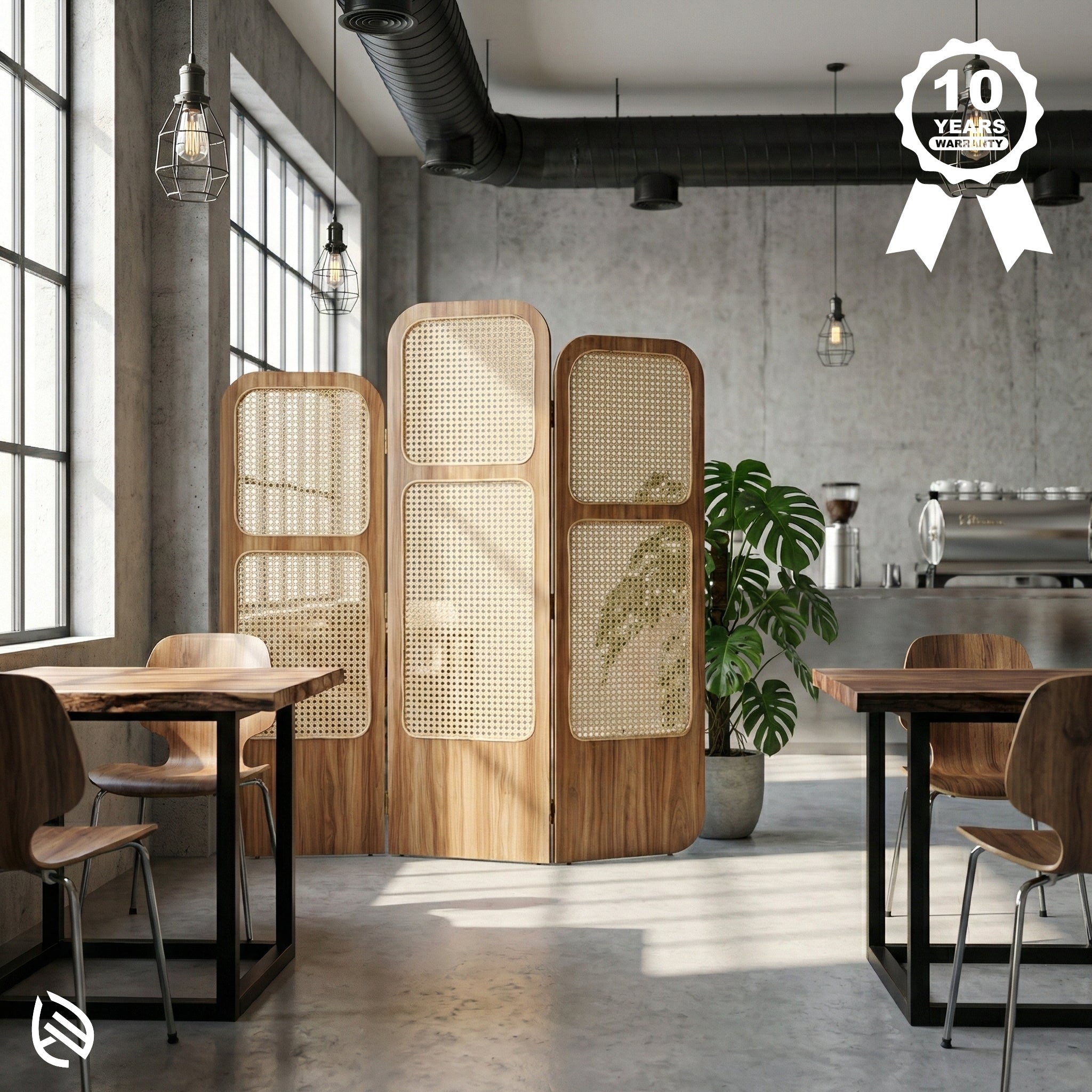 Wooden room divider in a modern interior setting with tables and chairs.