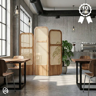 Wooden room divider in a modern interior setting with tables and chairs.