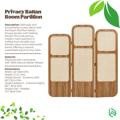 Privacy Rattan Room Partition with dimensions and material details on a white background