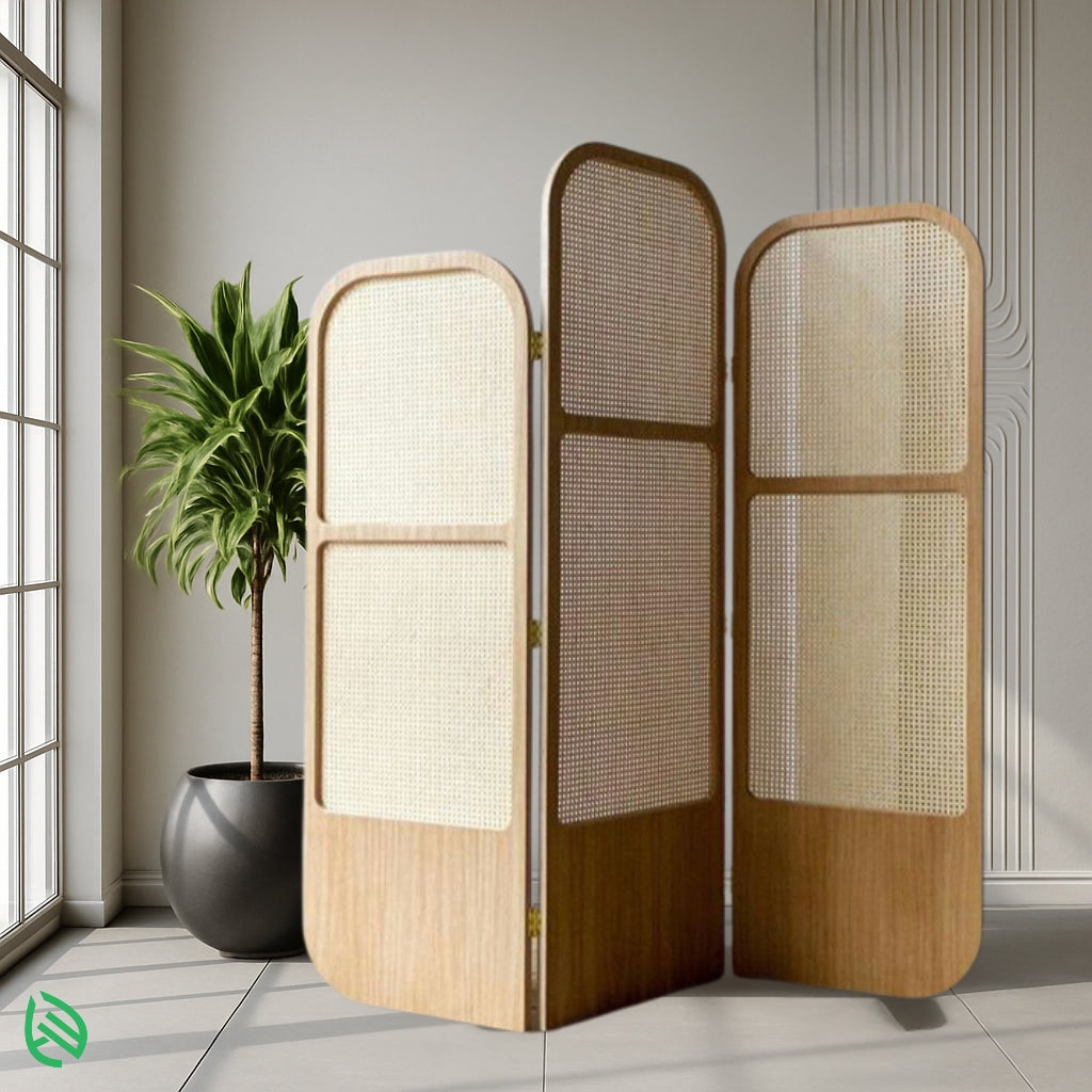 Triple-panel curved-edge room divider in cane and wood, handcrafted for boho-modern interiors