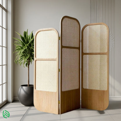 Triple-panel curved-edge room divider in cane and wood, handcrafted for boho-modern interiors