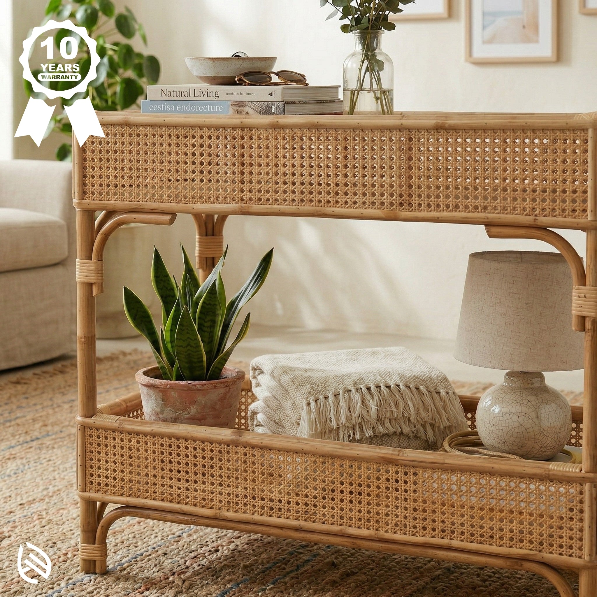 Wicker console table in a living room with decor items and a 10-year warranty badge.