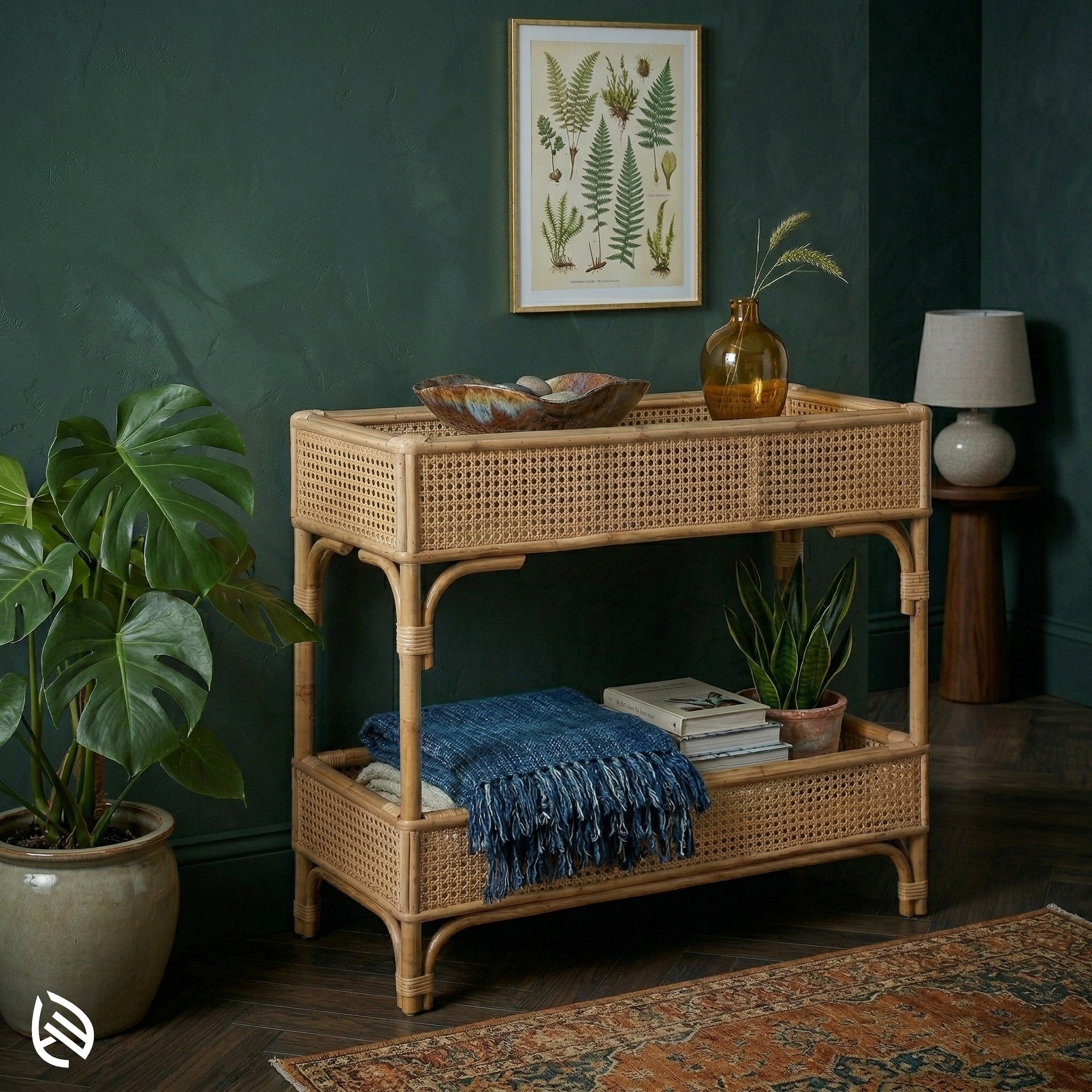 Wicker console table against a dark green wall with decorative items and plants.