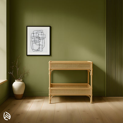 Quirky Rattan Trendy Table by EarthNWe - two-tier natural rattan console table with cane-webbing sides in a modern green wall entryway.