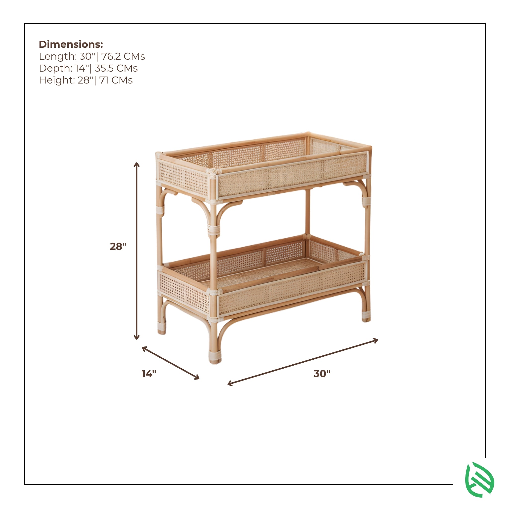 Dimensions diagram of Quirky Rattan Trendy Table - two-tier natural rattan console; 30 inches long, 14 inches deep, 28 inches high.