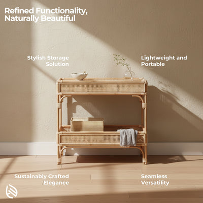 Feature graphic: Quirky Rattan Trendy Table - lightweight, portable, sustainably crafted natural rattan with stylish storage on two tiers.