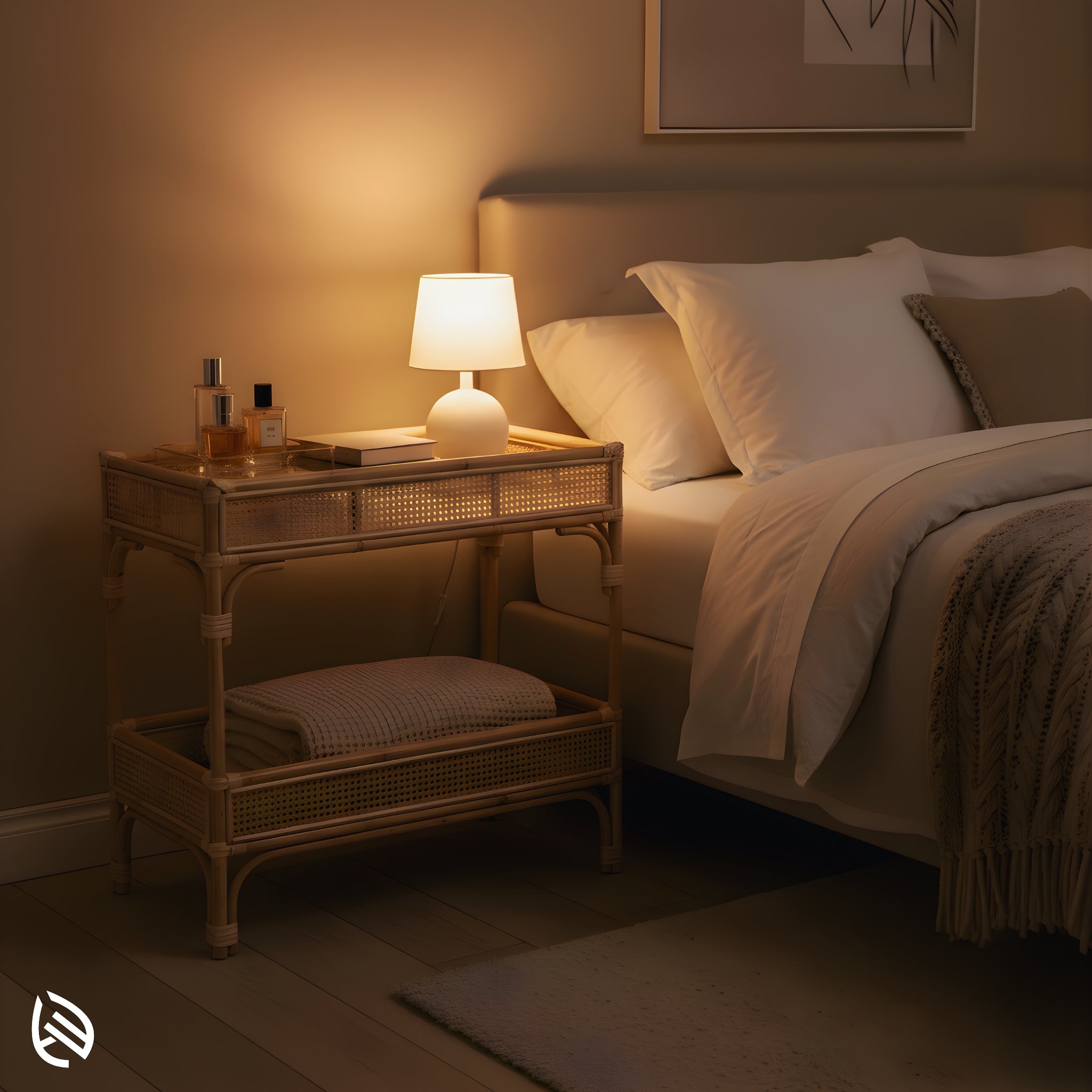 Bedside scene with Quirky Rattan Trendy Table - handcrafted natural rattan console table styled with lamp, fragrance, and folded linens.