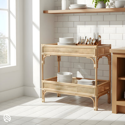 Kitchen setup featuring the Quirky Rattan Trendy Table - two-tier natural rattan console holding plates and cutlery against white tile.