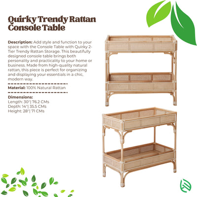 Product spec sheet: Quirky Rattan Trendy Table - 100% natural rattan console with cane panels; dimensions 30″ L × 14″ D × 28″ H - EarthNWe.