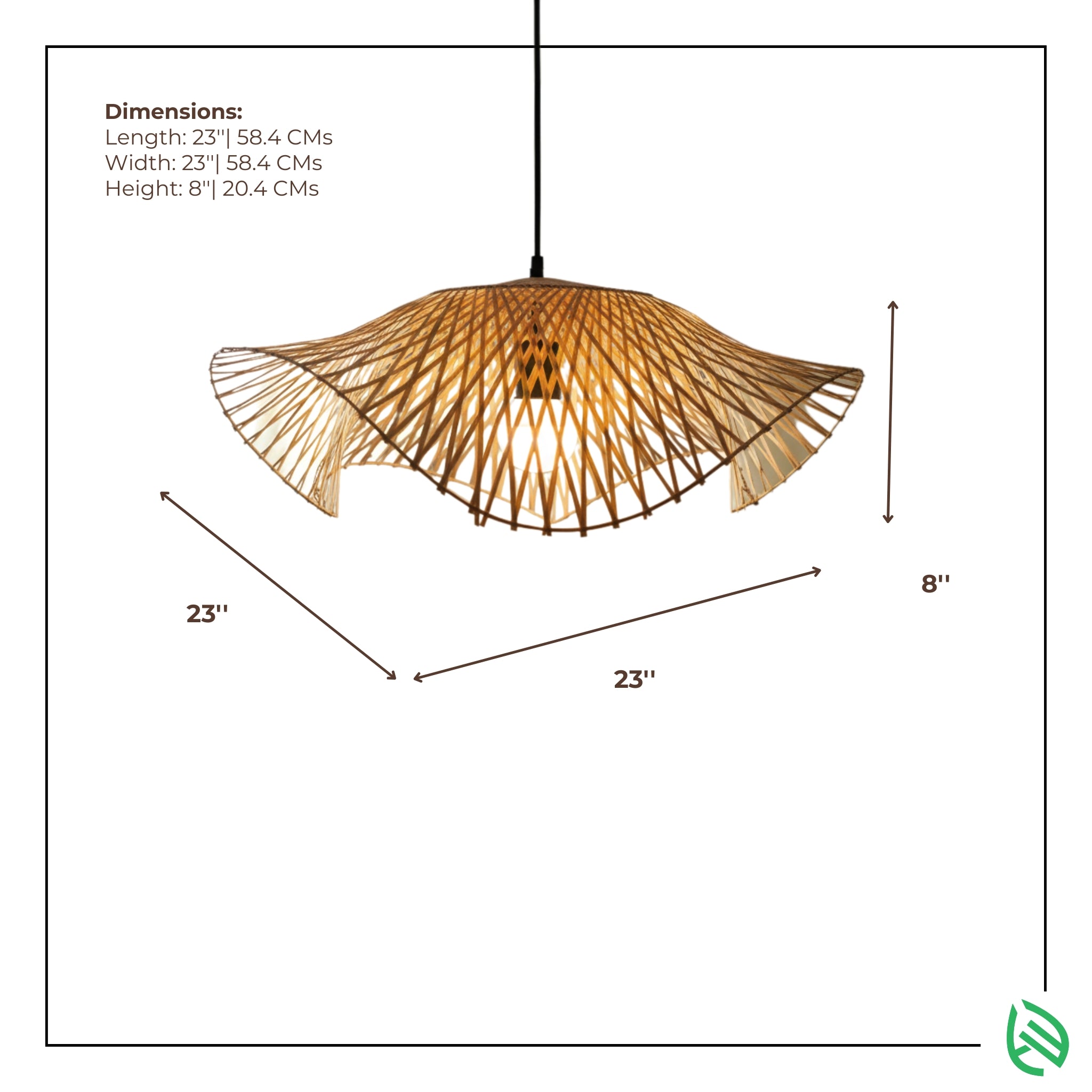Dimensions graphic - Radiance bamboo pendant 23×23×8 inches with measurement arrows.