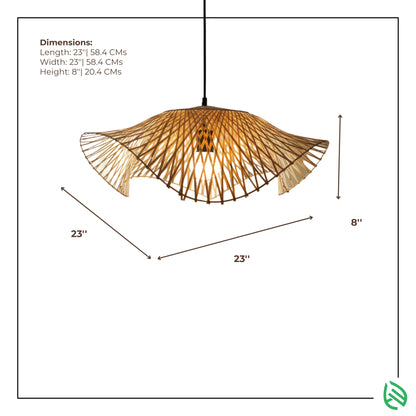 Dimensions graphic - Radiance bamboo pendant 23×23×8 inches with measurement arrows.