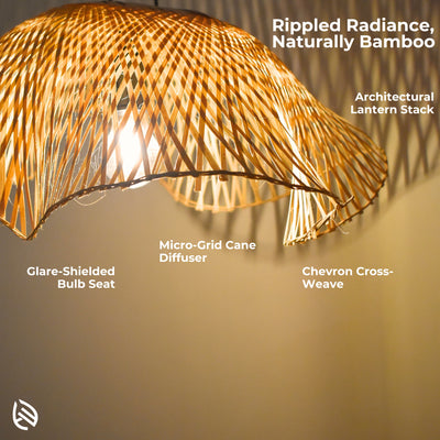 Feature graphic - Radiance wave-edge pendant; micro-grid cane diffuser, glare-shielded bulb, chevron weave.