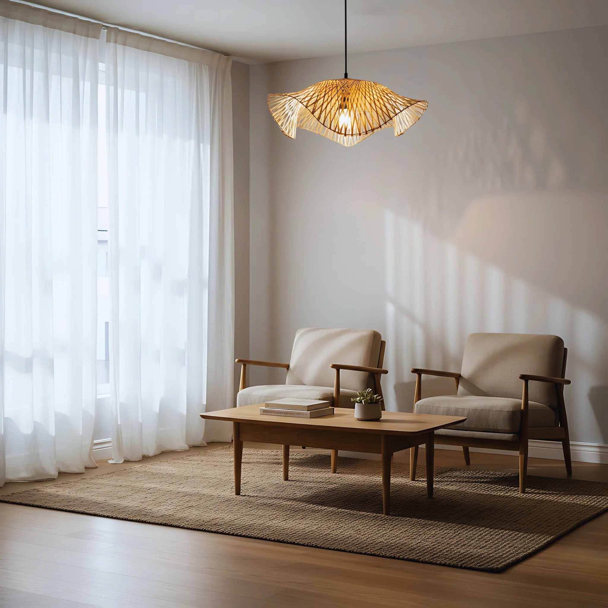 Radiance bamboo wave pendant over minimal living room; wide 23-inch shade in soft daylight.