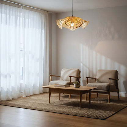 Radiance bamboo wave pendant over minimal living room; wide 23-inch shade in soft daylight.