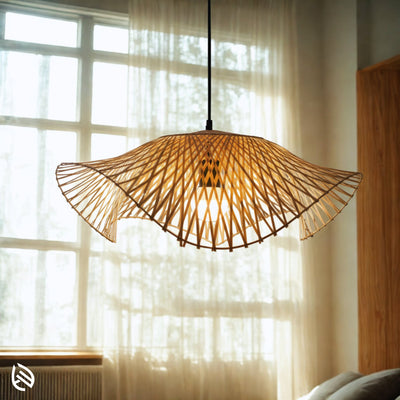 Radiance wave-edge bamboo ceiling light by window; sculptural chevron lattice with warm glow.