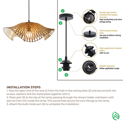 Installation infographic - ceiling canopy, cord and E27/E26 holder steps for Radiance pendant.