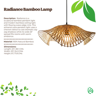 Product card - Radiance Bamboo Lamp with description, natural bamboo material and dimensions.