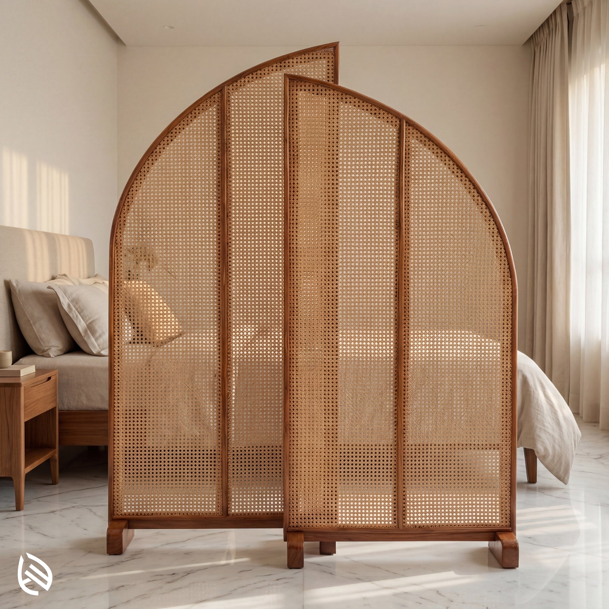 Woven room divider in a bedroom setting with a bed and side table.