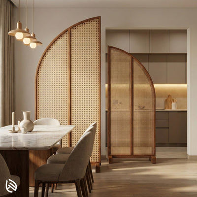 Dining area with woven room dividers in a modern interior setting.