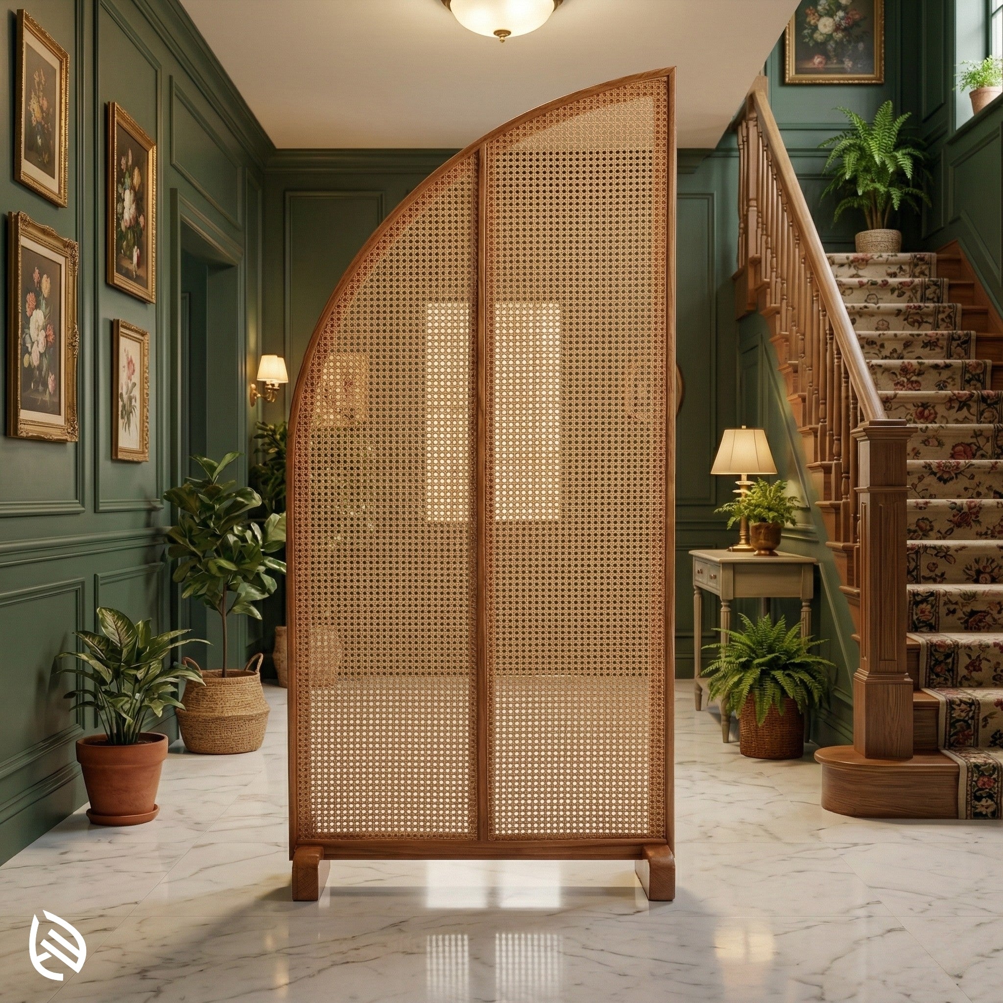 Woven room divider in a stylish interior setting with green walls, plants, and a staircase.