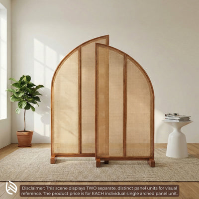 Woven room divider with wooden frame in a minimalistic room with a plant and side table.