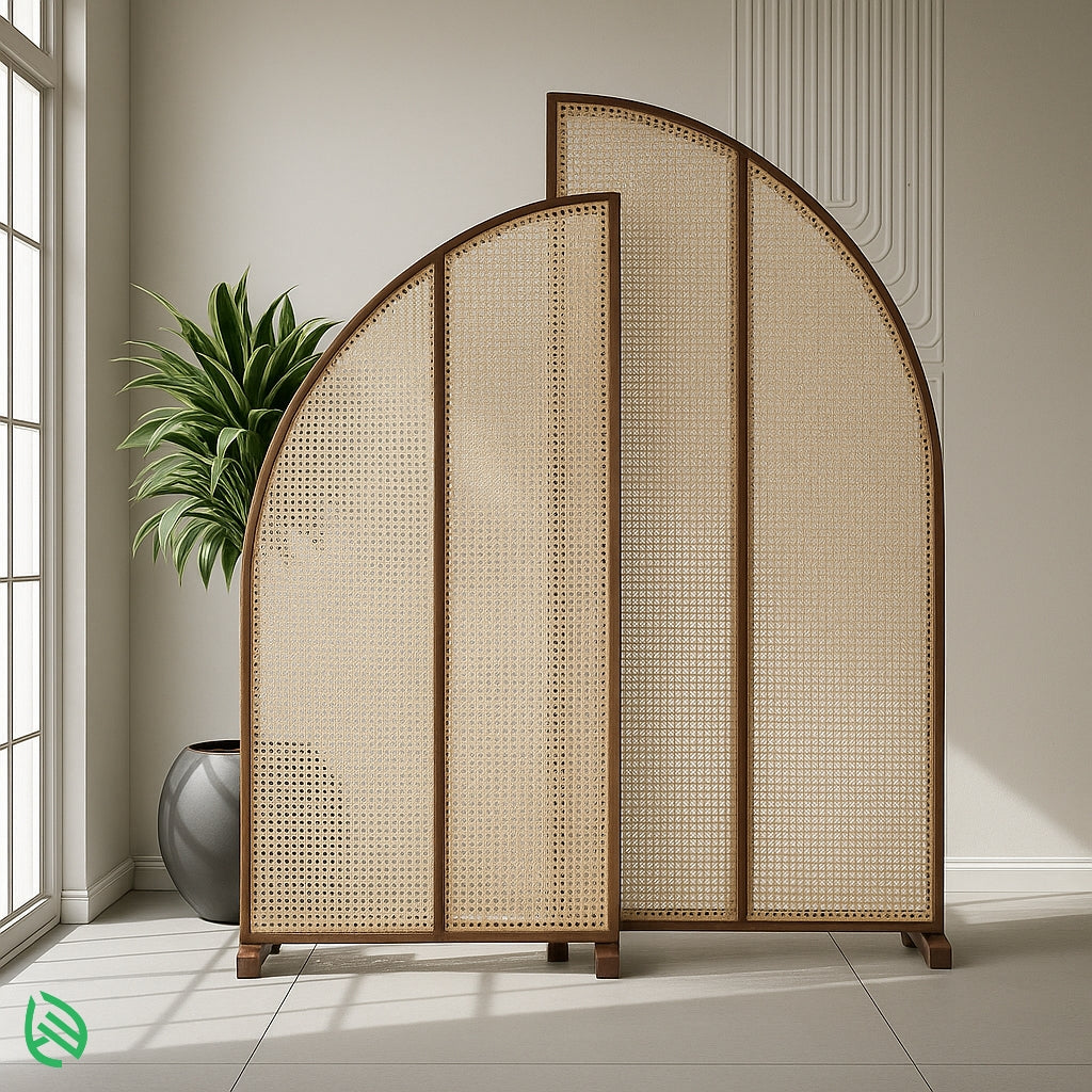 Arched-panel rattan room divider with rounded base and cane weave, elegant privacy screen for any room