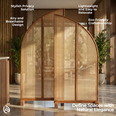 Woven room divider with text highlighting features in a home setting
