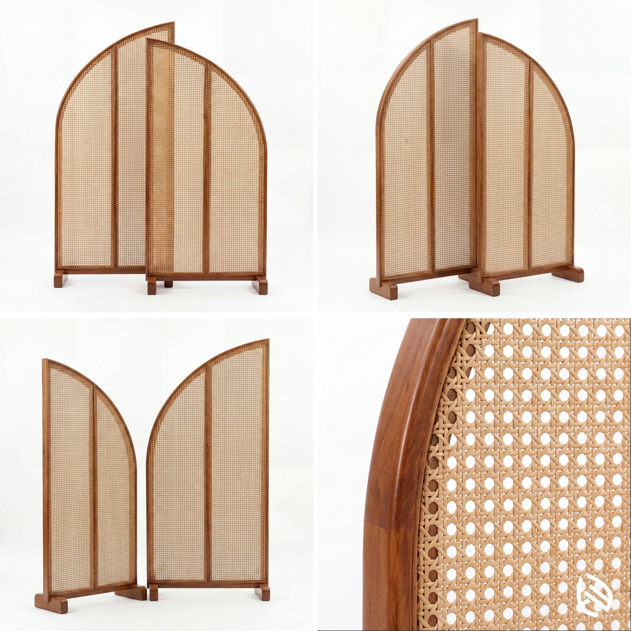 Wooden arch-shaped room divider with woven design on a white background