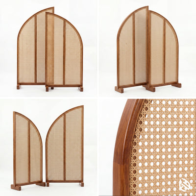 Wooden arch-shaped room divider with woven design on a white background