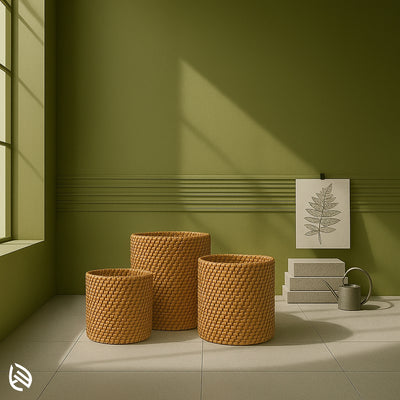 Set of three woven cylindrical baskets made from natural rattan, ideal as natural planters or storage bins