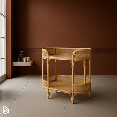 Oval rattan serving trolley with double shelves and cane mesh design, perfect for indoor entertaining