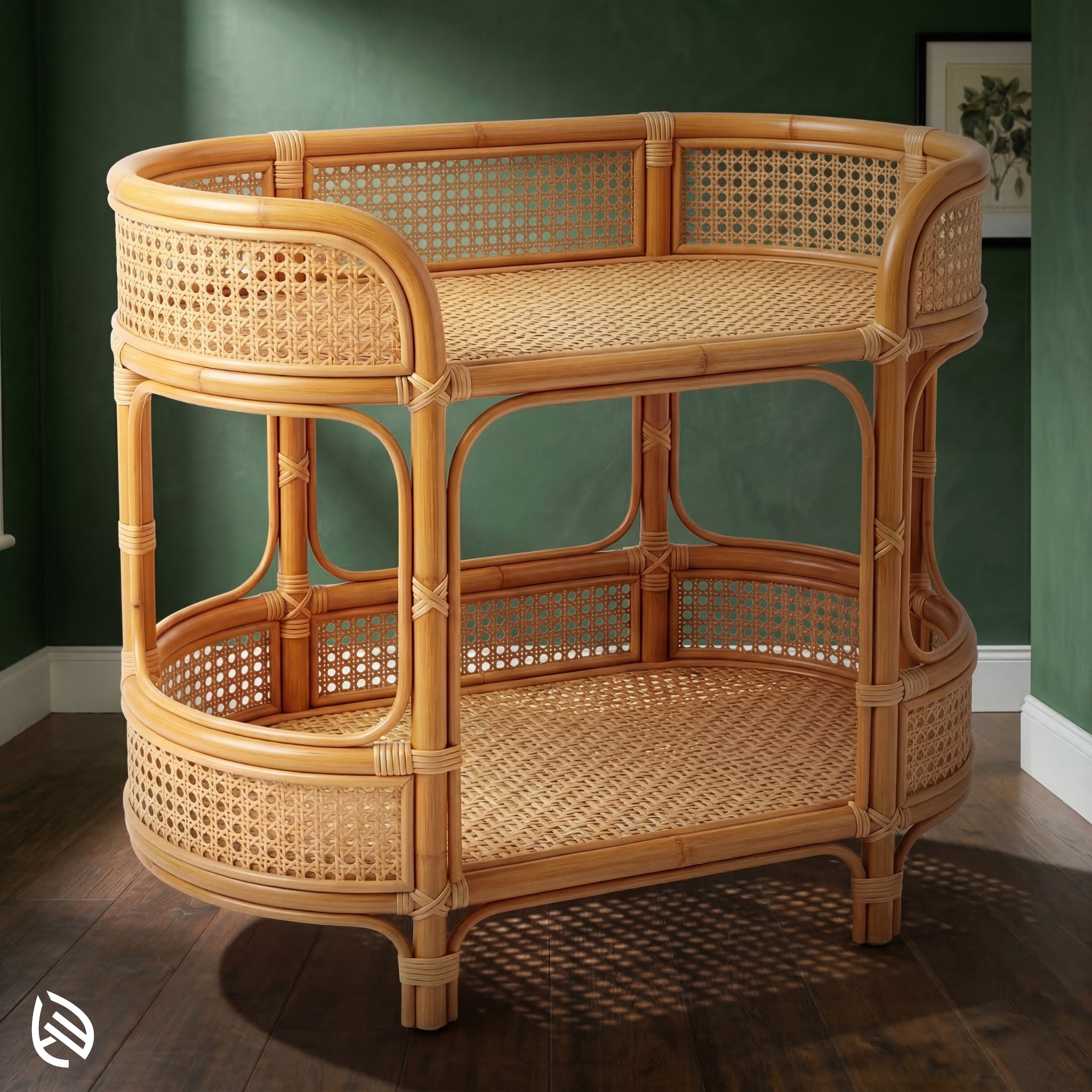 Wicker bar cart against a green wall