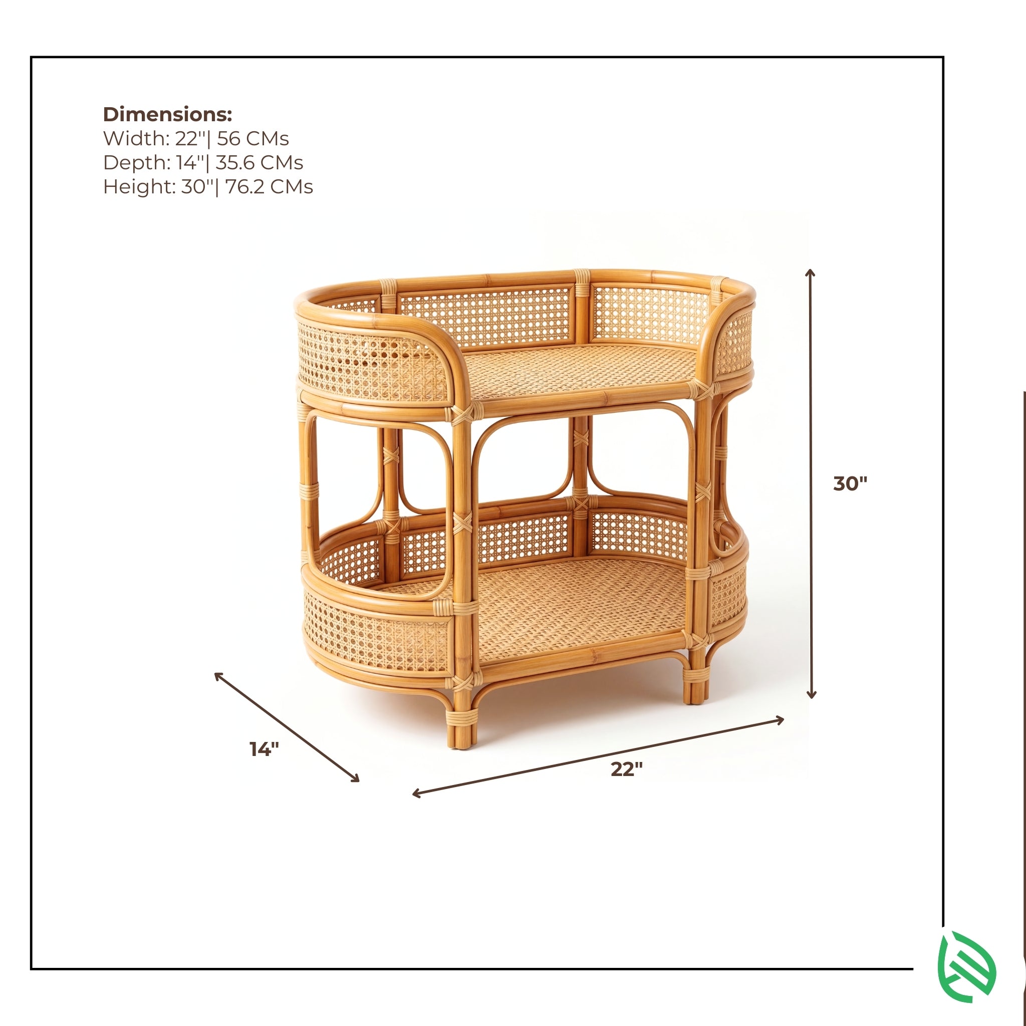 Wicker bar cart with dimensions labeled on a white background