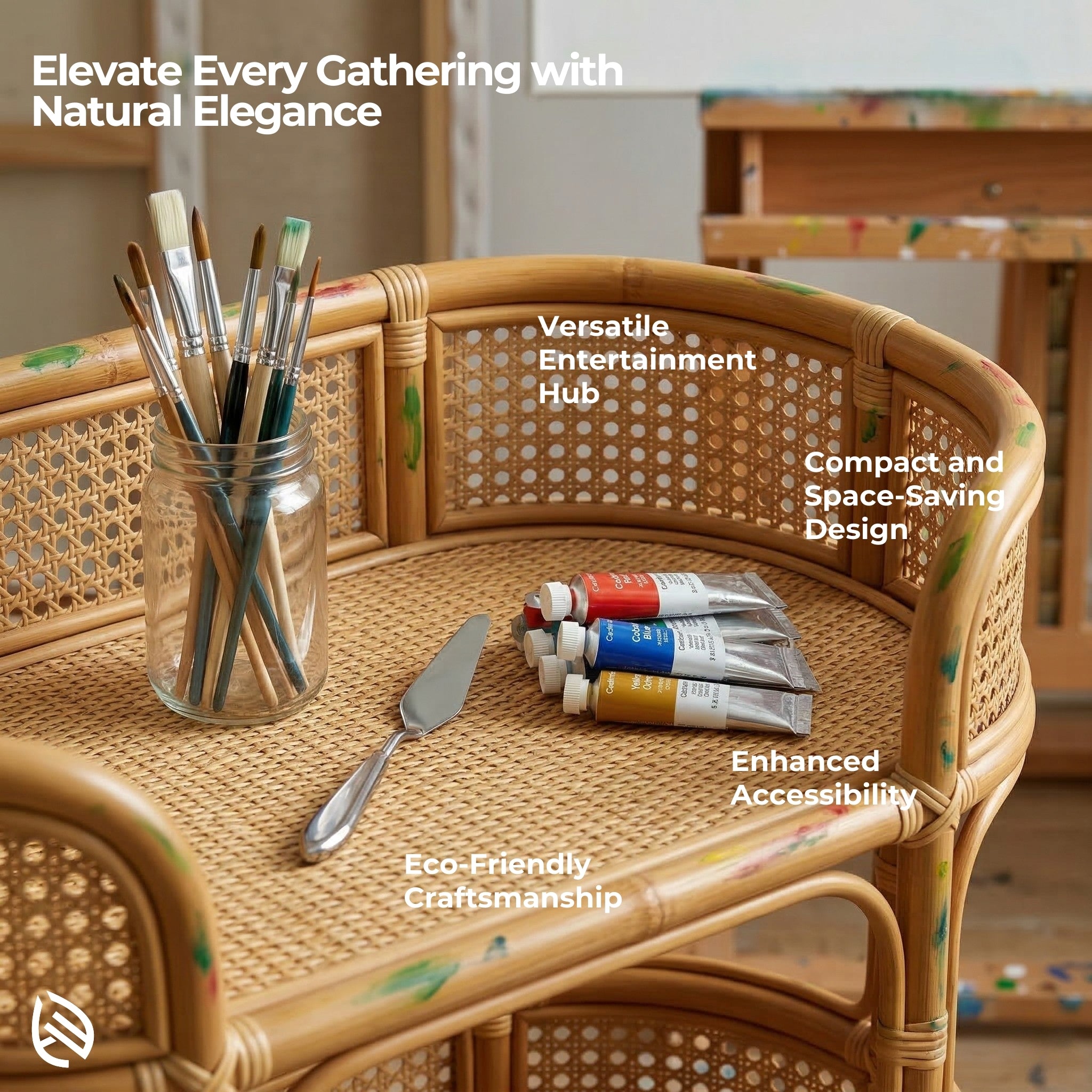 Wicker table with art supplies and text highlighting features