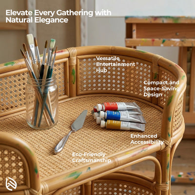 Wicker table with art supplies and text highlighting features