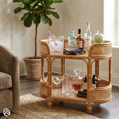 Wicker bar cart with drinks and bottles in a living room setting