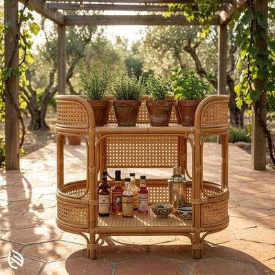 Wicker bar cart with drinks and plants on a patio