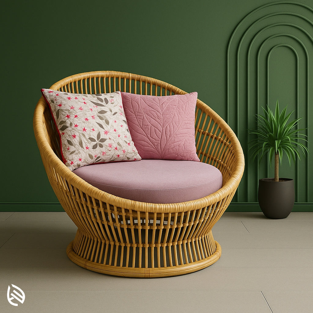 Round rattan lounge chair with soft pink cushion and floral pillows, ideal for cozy modern spaces
