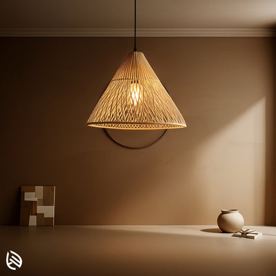 Handcrafted conical rattan pendant lamp with intricate weave pattern, ideal for cozy and ambient lighting in modern homes