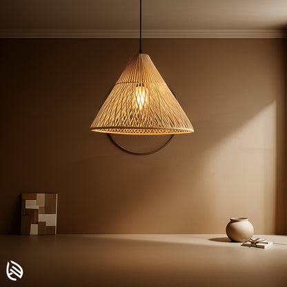 Handcrafted conical rattan pendant lamp with intricate weave pattern, ideal for cozy and ambient lighting in modern homes