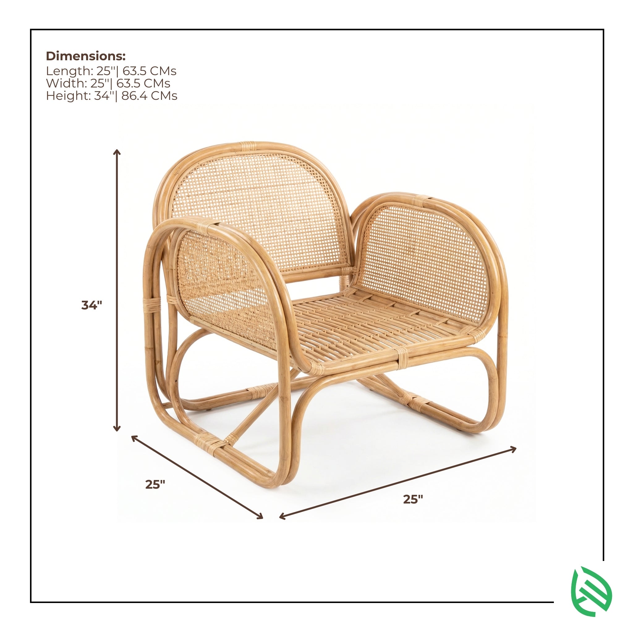 Wicker chair with dimensions labeled on a white background