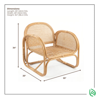 Wicker chair with dimensions labeled on a white background