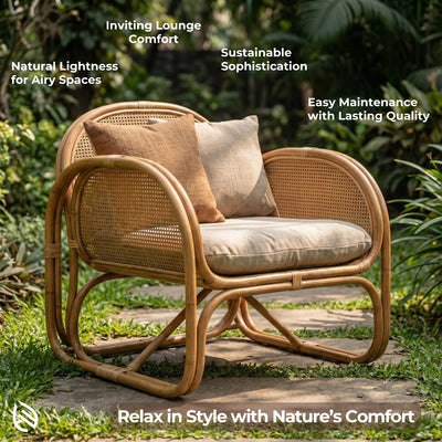 Wicker chair with cushions in a natural setting, emphasizing comfort and sustainability.