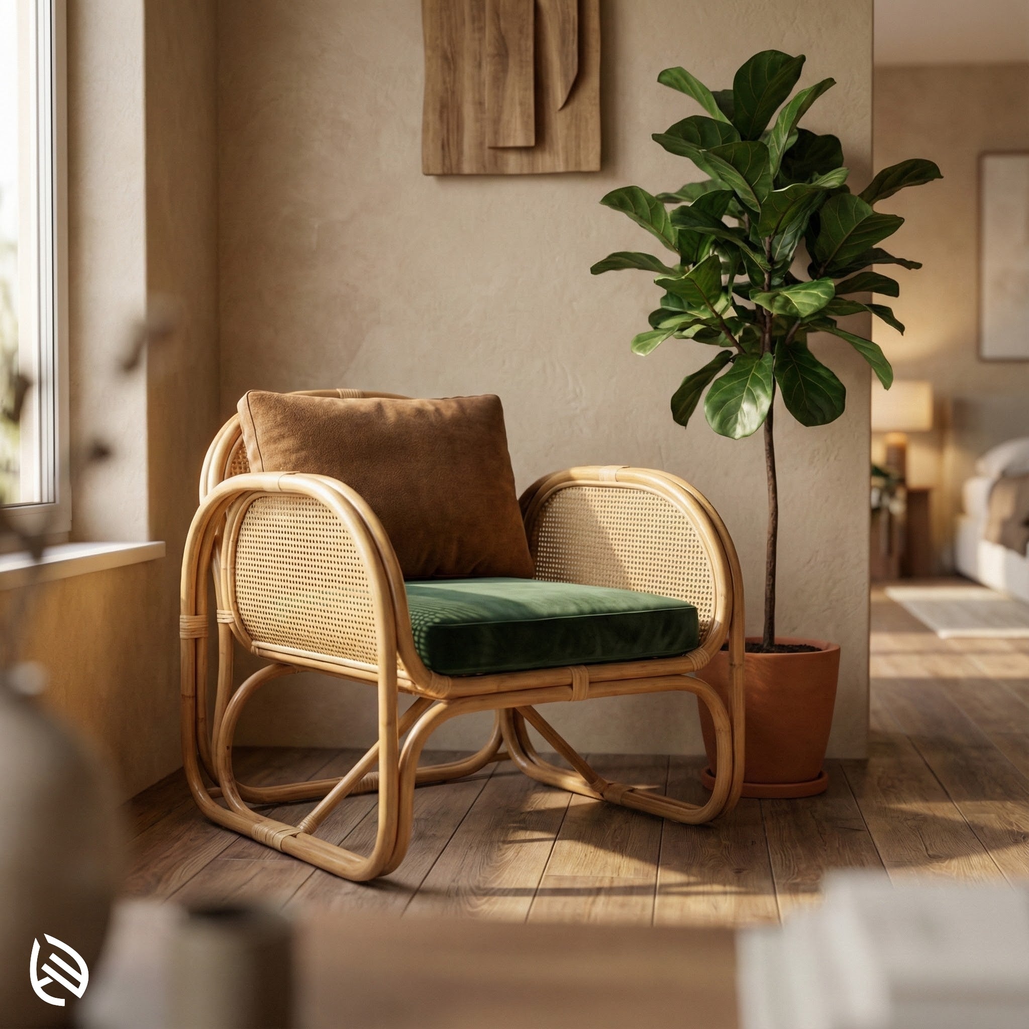 Rattan chair with green cushion and brown pillow in a room with a plant and neutral decor.