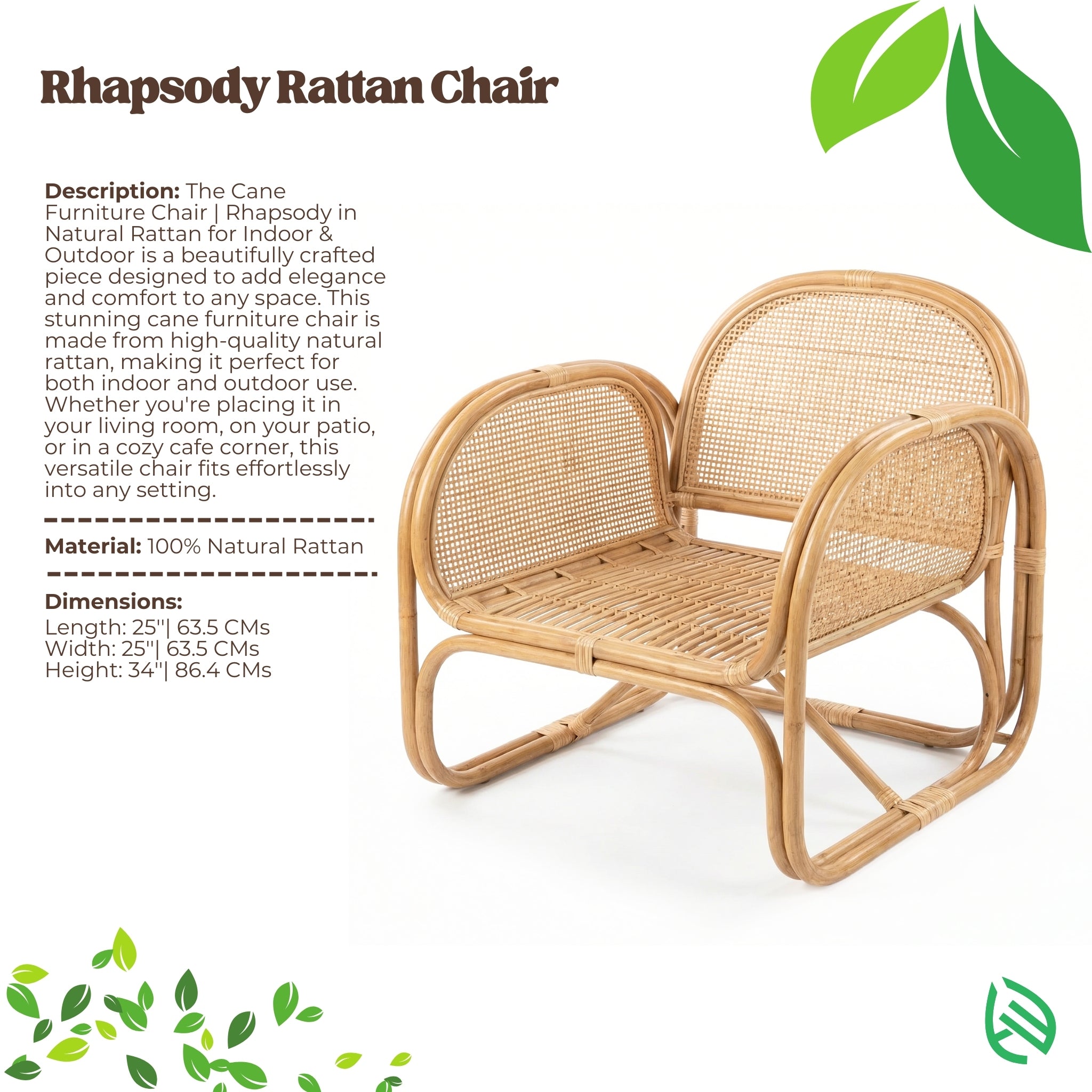 Rattan chair with product description and specifications on a white background
